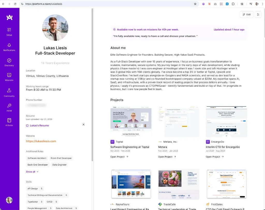Lukas Liesis profile on A.team platform: Full-Stack Developer, availability, about, and project history