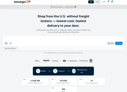 EncargoGo homepage — shop from the U.S. with landed cost pricing and SkyPostal delivery