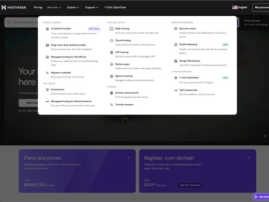 Hostinger website — homepage with Services mega-menu, pricing and domain search