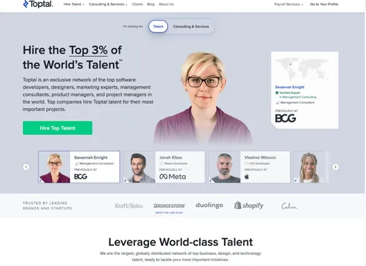 Toptal homepage highlighting hire the top 3% of the world's talent