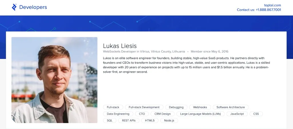 Lukas Liesis Toptal developer profile: WebSockets developer in Vilnius, biography and skills