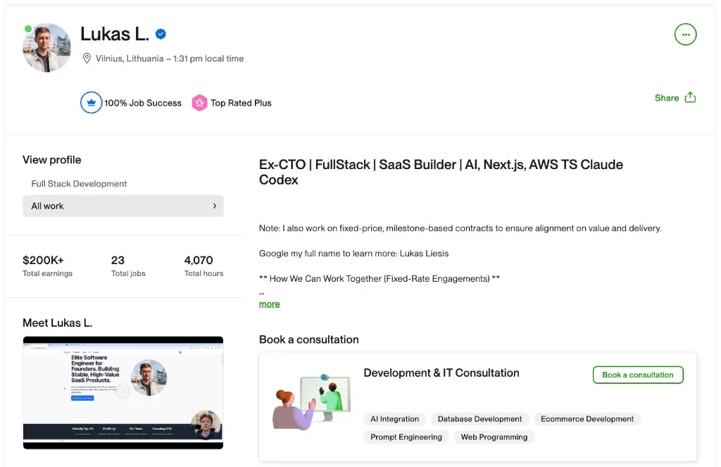 Lukas L. Upwork freelancer profile: 100% Job Success, Top Rated Plus, earnings, hours, headline, and portfolio